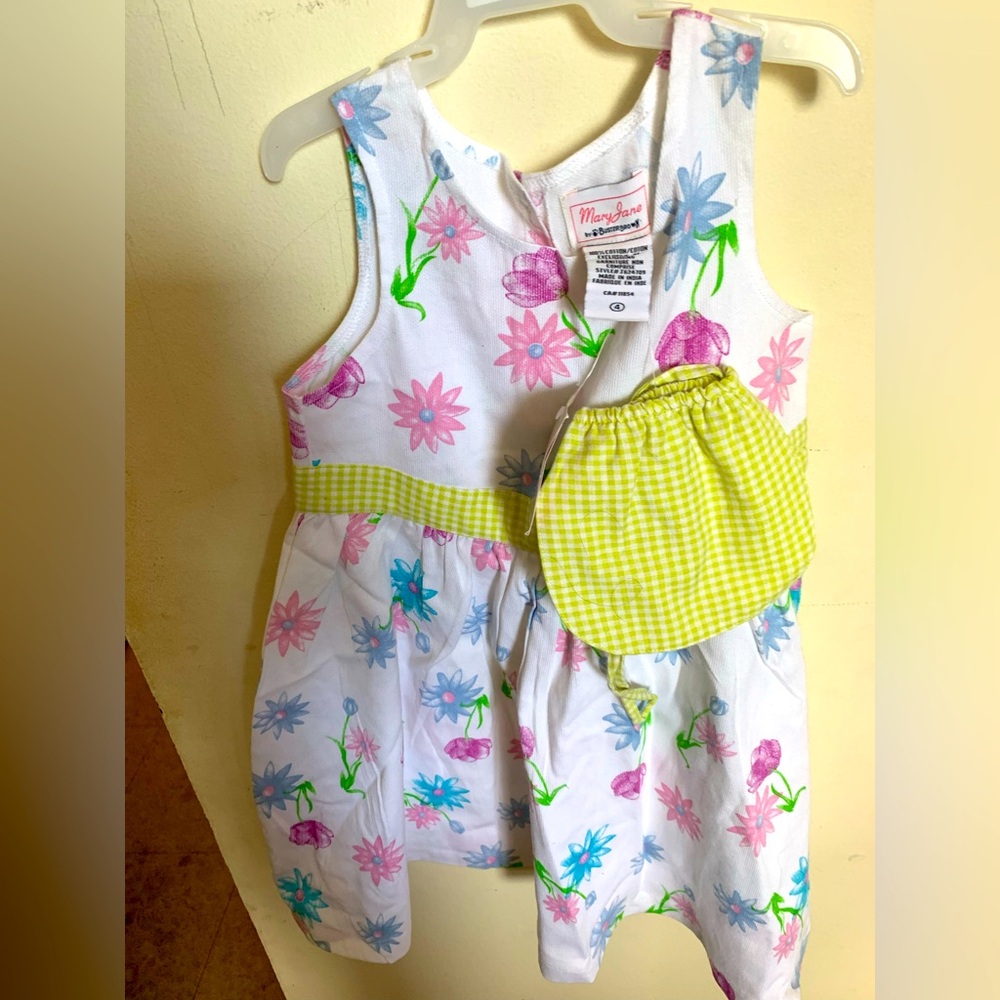 Girls Mary Jane Floral Sleeveless Dress with Yellow Gingham Pouch size 4